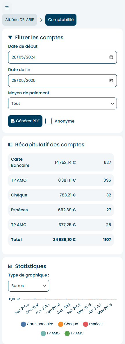 Interface d'historique des factures sur tablette verticale